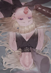 1boy 1girl bare_shoulders black_collar blonde_hair blush breasts cleavage collar commentary dark-skinned_male dark_skin deepthroat fellatio hair_ornament highres long_hair lying multiple_views on_back open_mouth oral penis phoebe_(wuthering_waves) purple_eyes reverse_fellatio tongue tongue_out upside-down wuthering_waves x_hair_ornament xaea_xp
