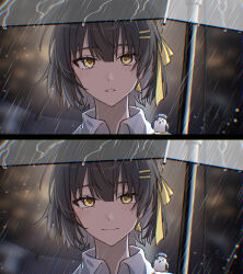 1girl animal animal_on_shoulder animalization bird bird_on_shoulder black_hair chinese_commentary chromatic_aberration colored_inner_hair commentary_request earrings female_rover_(wuthering_waves) hair_between_eyes hair_ornament hair_ribbon hairclip highres holding holding_umbrella jewelry kohane_kun looking_at_viewer multicolored_hair parallel_hairclips parted_lips portrait rain ribbon rover_(wuthering_waves) short_hair stud_earrings triangle_earrings umbrella white_hair wuthering_waves yangyang_(bird)_(wuthering_waves) yangyang_(wuthering_waves) yellow_eyes yellow_ribbon