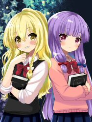 2girls alternate_costume black_sweater_vest blonde_hair blue_bow blue_skirt blunt_bangs blush book bow braid cardigan closed_mouth collared_shirt commentary_request grin hair_bow holding holding_book kirisame_marisa long_hair long_sleeves looking_at_viewer multiple_girls patchouli_knowledge pink_cardigan pleated_skirt purple_hair red_bow rikaon shirt side_braid sidelocks simple_background skirt smile star_(symbol) sweater_vest touhou white_bow white_shirt yellow_eyes