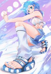 1girl absurdres ahoge armpits artist_name bandaid bare_arms blue_eyes blue_footwear blue_hair blue_nails blue_shorts blue_toenails breasts commission double_v dutch_angle earrings feet foot_focus foreshortening hair_ribbon highres hololive hololive_indonesia jewelry kobo_kanaeru kobo_kanaeru_(4th_costume) leg_warmers looking_at_viewer medium_hair perspective ribbon ring sandals shirt shorts sleeveless sleeveless_shirt sports_sandals squatting the_raineman toe_ring toenails toes tongue tongue_out v velcro_footwear victory_sign virtual_youtuber water water_drop white_shirt