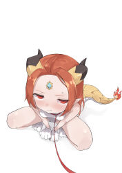 1girl :t ahoge animal_collar animal_feet animal_hands blush breasts closed_mouth collar dragon_horns dragon_tail fire flame-tipped_tail forehead_jewel from_above gloves highres holding holding_leash horns leash leotard looking_at_viewer looking_up orange_hair original paw_gloves perspective pet_play pov red_eyes small_breasts so_(user_jkaz7455) solo squatting sweat tail yong_(mg)