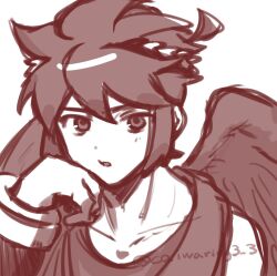 Rule 34 | 1boy, ahoge, bracer, collarbone, dark pit, dot nose, hand on own cheek, hand on own face, hand up, kid icarus, kid icarus uprising, ko iwari ngo, laurel crown, male focus, monochrome, nintendo, scarf, short hair, sidelocks, sketch, solo, spiked hair, twitter username, wings