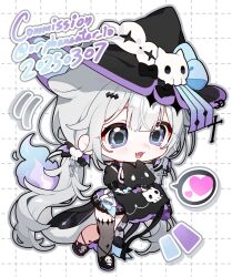 Rule 34 | 1girl, aqua eyes, black bow, black dress, black hat, black shoes, black thighhighs, blush, bow, chibi, chibi only, commission, dress, fangs, fire, full body, grey hair, grid background, hair between eyes, hair bow, hat, hat ornament, heart, highres, holding, holding stuffed toy, image in speech bubble, long hair, looking ahead, low twintails, multicolored eyes, open mouth, original, orphaneater io, purple eyes, shoes, short dress, single thighhigh, skin fangs, sleeves past fingers, sleeves past wrists, solo, speech bubble, standing, stuffed animal, stuffed toy, thighhighs, twintails, two-tone eyes, very long hair, very long sleeves, walking, white background, witch, witch hat