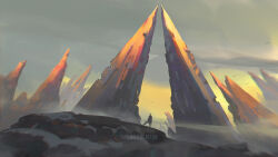 Rule 34 | 1boy, cambocreation, cloud, cloudy sky, dawn, flock, from behind, hill, landscape, mountain, original, painterly, rock, scenery, science fiction, sky, standing, watermark, wind