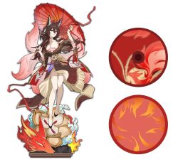 1girl animal_ears bad_source bare_legs bare_shoulders breasts brown_hair chinese_clothes cleavage fire fox_ears fox_girl fox_tail fugue_(honkai:_star_rail) full_body hair_between_eyes hair_ornament highres holding holding_umbrella honkai:_star_rail honkai_(series) kitsune long_hair looking_at_viewer multicolored_hair multiple_tails obi off_shoulder oil-paper_umbrella sash simple_background smile solo tail tingyun_(honkai:_star_rail) umbrella white_background yellow_eyes yinse_yaoji