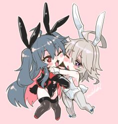2boys ahoge animal_ears bulge colored_inner_hair deformed eyelashes full_body grey_hair haoro hug long_hair male_playboy_bunny multicolored_hair multiple_animal_ears multiple_boys open_mouth original pink_background pink_hair rabbit_ears rabbit_tail tail very_long_hair