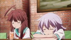 10s 2girls ahoge animated animated_gif anime_screenshot brown_hair closed_eyes drink drinking_straw ibata_shouta juice kantai_collection kantai_collection_(anime) kuma_(kancolle) long_hair multiple_girls purple_hair school_uniform serafuku short_hair tama_(kancolle)