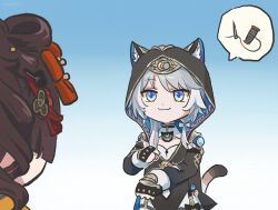 2girls animal_ear_fluff animal_ears animal_hood black_gloves bow cat_ears cat_hood cat_tail chiori_(genshin_impact) cipher_(honkai:_star_rail) fingernails genshin_impact gloves grey_hair hair_bow highres honkai:_star_rail honkai_(series) hood long_hair looking_at_another mole multiple_girls short_hair_with_long_locks simple_background solo_focus spoken_object tail torn_clothes very_long_hair white_bow xinzoruo