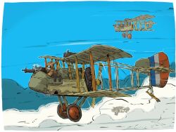 2boys above_clouds aircraft airplane animal_ears biplane blue_sky cloud cloudy_sky day evening from_side furry gun highres lewis_gun light_machine_gun machine_gun military_vehicle multiple_boys original propeller propeller_fighter sky vehicle_request weapon wheel yabarn