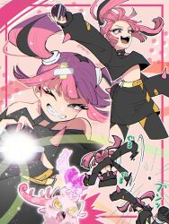 1girl belt black_shirt blunt_bangs blush_stickers closed_mouth coral_(pokemon) eyelashes fang fangs gem grey_eyes hair_ornament highres holding holding_tera_orb long_hair long_sleeves looking_at_viewer mogutory multicolored_hair nintendo off_shoulder one_eye_closed open_mouth pink_gemstone pink_hair pokemon pokemon_(anime) pokemon_(creature) pokemon_horizons scream_tail shirt skirt sleeves_past_fingers sleeves_past_wrists smile tera_orb terastallization tongue twintails two-tone_hair yellow_eyes