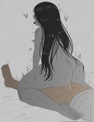 1boy 1girl black_hair bottomless colored_skin completely_nude fuzzlogik grey_skin hetero highres nude open_mouth sex solo_focus sweat the_ring tongue tongue_out vaginal yamamura_sadako