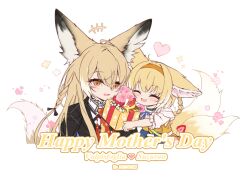 2girls animal_ears arknights blonde_hair box chinese_commentary closed_eyes commentary_request dated fox_ears fox_girl fox_tail gift gift_box happy_mother&#039;s_day hehehzb holding holding_gift kitsune kyuubi long_hair mother&#039;s_day mother_and_daughter multiple_girls multiple_tails official_alternate_costume open_mouth orange_eyes simple_background suzuran_(arknights) suzuran_(let&#039;s_carnival!)_(arknights) tail vulpisfoglia_(arknights) white_background