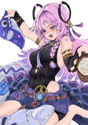 1girl absurdres alcohol beer black_leotard blue_eyes blush braid breasts citlali_(genshin_impact) commentary_request cup drooling facial_mark floating_headgear foam_mustache forehead_mark genshin_impact hachikuma123 highres holding holding_cup itzpapa_(genshin_impact) kneeling leotard long_hair marking_on_cheek mouth_drool pink_hair pink_pupils solo triangle triangle_facial_mark twin_braids