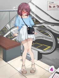 1girl arms_at_sides artist_name bag bench blue_shirt blush bracelet cellphone clenched_hands clenched_teeth clothes_writing collarbone commentary_request crying drooling embarrassed escalator flat_chest full_body glasses half-closed_eyes handbag highres indoors jewelry kakuremino7928 knees_together_feet_apart large_variant_set legs miniskirt nail_polish nose_blush orange_eyes original phone pink_nails pleated_skirt public_indecency public_vibrator purple_hair pussy_juice red-framed_eyewear remote_control_vibrator revision saliva sandals semi-rimless_eyewear sex_toy shirt shirt_tucked_in short_hair short_sleeves shoulder_bag sidelocks sign signature skirt smartphone solo speech_bubble stairs standing star_(symbol) sweat tears teeth thigh_gap thighs tile_floor tiles toenail_polish toenails translated trembling twitter_username v-shaped_eyebrows variant_set vibrator vibrator_under_clothes white_sandals white_skirt
