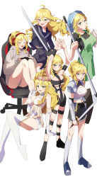 1girl absurdres ahoge apron armor arms_up black_sailor_collar black_serafuku black_shirt black_skirt blonde_hair blush breasts broom chair closed_eyes closed_mouth elbow_gloves full_body gaming_chair gloves green_apron grey_hoodie head_wreath headphones highres holding holding_broom holding_shield holding_sword holding_weapon hood hoodie hoshii_miki hot_limit idolmaster idolmaster_(classic) katsu_(kana) long_hair long_sleeves looking_at_viewer multiple_views no_pants no_shoes open_mouth pointy_ears ponytail sailor_collar school_uniform serafuku shield shirt short_sleeves simple_background sitting skirt smile standing swivel_chair sword t.m.revolution thighhighs weapon white_background white_gloves white_thighhighs