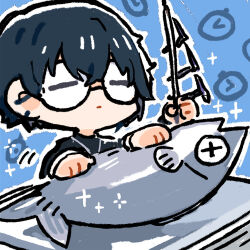 1boy black_hair chibi chibi_only chinese_commentary cui_pi_zha_xia_qiu fileting fish girls&#039;_frontline girls&#039;_frontline_neural_cloud official_art outline second-party_source solo sparkle sueyoi_(neural_cloud) white_outline