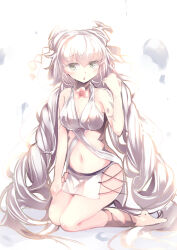 1girl absurdres ankle_cuffs arm_tattoo blush breasts collarbone duel_monster flower highres kanzakietc kneeling long_hair medium_breasts midriff monster_girl navel open_mouth pelvic_curtain pink_flower plant_girl simple_background solo tattoo thighs traptrix_genlisea very_long_hair white_background white_hair yellow_eyes yu-gi-oh!