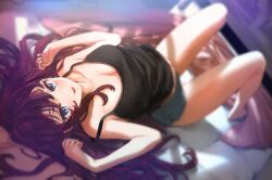 1girl bare_legs bare_shoulders barefoot black_camisole blue_eyes blush breasts camisole goshiki_suzu hair_spread_out ichinose_shiki idolmaster idolmaster_cinderella_girls long_hair looking_at_viewer lying medium_breasts on_back on_bed purple_hair short_shorts shorts smile solo sunlight