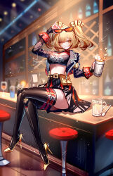 1girl adjusting_eyewear arm_up bar_(place) black_jacket black_thighhighs blonde_hair breasts burnice_white cleavage cup eyewear_on_head high_heels highres holding holding_cup indoors jacket long_sleeves looking_at_viewer medium_breasts midriff navel open_clothes open_jacket orange_eyes sheya short_hair sitting smile solo stomach strapless sunglasses thighhighs thighs tube_top twintails zenless_zone_zero
