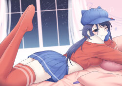1girl absurdres animal_ear_headwear bare_shoulders blue_eyes blue_gloves blue_hair blue_hat blue_skirt blush breasts closed_mouth commentary cool_mita_(miside) cropped_shirt fake_animal_ears gloves hat head_rest highres hitachi_magic_wand indoors legs_up long_hair long_sleeves looking_at_viewer low_ponytail lsf_(805661342) lying mark_under_eye medium_breasts midriff miniskirt miside mita_(miside) newsboy_cap night night_sky on_bed on_stomach one_eye_closed pleated_skirt ponytail red_shirt red_thighhighs sex_toy shirt skindentation skirt sky smile soles solo tattoo teardrop_facial_mark teardrop_tattoo thighhighs thighs vibrator zettai_ryouiki