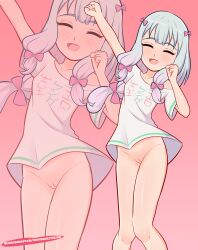 1girl 2025 absurdres blush bottomless closed_eyes clothes_lift dionisokitsune dress dress_lift eromanga_sensei female_focus grey_hair happy highres izumi_sagiri legs loli no_panties pink_background pussy smile solo standing tagme thighs twintails