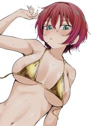 1girl absurdres amate_yuzuriha areola_slip arm_up bikini blush breasts breasts_apart closed_mouth commentary_request gold_bikini green_eyes gundam gundam_gquuuuuux highres kitaku_(nakamachi_machi) looking_at_viewer lying medium_breasts navel on_back red_hair short_hair simple_background solo stomach sweat swimsuit untied_bikini upper_body white_background