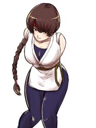 Rule 34 | 1girl, bend, bent over, braid, braided ponytail, breasts, brown eyes, brown hair, curvy, dougi, female focus, karate gi, large breasts, leaning forward, leggings, long hair, looking at viewer, pale skin, pants, ponytail, skirt, smile, smiley face, snk, spandex, standing, the king of fighters, thick thighs, thighs, wide hips, yoga pants, yuri sakazaki