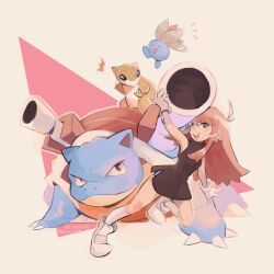 Rule 34 | :d, black dress, blastoise, boots, brown eyes, brown hair, dress, gen 1 pokemon, gloves, green (pokemon), highres, holding, holding pokemon, long hair, nintendo, oddish, open mouth, pokemon, pokemon (creature), pokemon adventures, sandshrew, shoulder cannon, smile, turtle, white boots, white gloves, winonaparadise