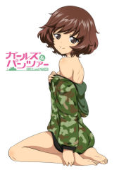 10s 1girl akiyama_yukari back bare_shoulders barefoot brown_eyes brown_hair camouflage copyright_name derivative_work feet female_focus from_side girls_und_panzer highres hood hoodie looking_at_viewer messy_hair naked_hoodie no_pants seiza shirt_slip short_hair sitting smile solo zero_(19851107)