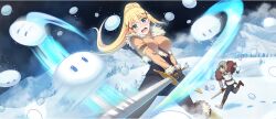 Rule 34 | 1boy, 1girl, belt, between breasts, bisected, black pants, blonde hair, blue eyes, blush, boots, breasts, breath, brown belt, brown boots, brown hair, clenched teeth, darkness (konosuba), dodging, fur-trimmed boots, fur trim, game cg, green scarf, high ponytail, highres, holding, holding sword, holding weapon, kono subarashii sekai ni shukufuku wo!, konosuba! fantastic days, large breasts, motion blur, motion lines, mountain, night, night sky, official art, open mouth, outdoors, pants, ponytail, satou kazuma, scarf, scarf on head, shirt, sky, small sweatdrop, snow, snowball, speed lines, sword, teeth, third-party source, weapon, white shirt, winter clothes, yellow boots
