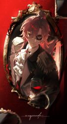 Rule 34 | 1boy, absurdres, alcohol, androgynous, animification, ascot, bishounen, black coat, black gloves, brooch, coat, commentary, cup, dream smp, drinking glass, english commentary, formal clothes, fringe trim, gloves, highres, holding, holding cup, humanization, jewelry, long hair, long sleeves, looking at viewer, male focus, mask, masquerade mask, minecraft youtube, mirror, noir (neithernorth), pink hair, red eyes, sir billiam iii, smile, solo, suit, tales from the smp, through medium, very long hair, white ascot, wine, wine glass