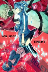 bad_id bad_pixiv_id black_legwear blue_eyes blue_hair breasts covered_mouth dual_persona ene_(kagerou_project) glowing hair_between_eyes half-closed_eyes headphones highres kagerou_project kokonose_haruka konoha_(kagerou_project) manako_(manatera) miniskirt multiple_views red_background short_hair skirt small_breasts spoilers thighhighs twintails vocaloid yamaha