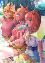 +_+ 3girls absurdres animal_ears arms_up breasts breasts casual cleavage collared_shirt commentary_request crossed_legs drinking green_skirt hat highres horse_ears horse_girl kongariinu large_breasts long_hair matikanefukukitaru_(umamusume) multiple_girls neck_ribbon open_mouth orange_hair outdoors pink_shirt ramune ribbon shirt shirt_tucked_in short_hair shorts silence_suzuka_(umamusume) sitting skirt small_breasts straw_hat suspender_shorts suspenders taiki_shuttle_(bubblegum_memories)_(umamusume) taiki_shuttle_(umamusume) umamusume veranda white_shirt wind_chime yellow_eyes