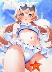 Rule 34 | 1girl, absurdres, bikini, blue archive, blue sky, blush, brown eyes, brown hair, cloud, cloudy sky, commentary request, day, eyewear on head, frilled bikini, frills, from below, hair ornament, halo, hifumi (blue archive), hifumi (swimsuit) (blue archive), highres, karaage (xxxmido02), long hair, low twintails, navel, off-shoulder bikini, off shoulder, official alternate costume, open mouth, ribbon-trimmed bikini, ribbon-trimmed swimsuit, ribbon trim, round eyewear, sky, smile, solo, starfish, stomach, sunglasses, swimsuit, thighs, translation request, twintails, wet, white bikini, wing hair ornament, winged halo, yellow halo