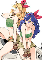 2girls arm_up belt blonde_hair blue_hair bow bow_hairband breasts breasts_squeezed_together brown_belt brown_gloves brown_shorts cleavage closed_mouth commentary crop_top curly_hair dragon_ball dragon_ball_(classic) dual_persona fingerless_gloves gloves green_eyes green_tank_top gun hairband handgun hands_on_own_thighs highres holding holding_gun holding_weapon long_hair looking_at_another looking_back lunch_(bad)_(dragon_ball) lunch_(dragon_ball) lunch_(good)_(dragon_ball) medium_breasts midriff motor_vehicle motorcycle multiple_girls navel on_motorcycle purple_eyes red_bow red_hairband short_shorts shorts sideboob signature simple_background sitting smile smirk tank_top teeth thighs weapon white_background yanai_nobuhiko