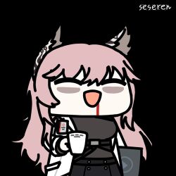 1girl ^_^ animal_ears animated animated_gif artist_name bags_under_eyes black_shirt black_skirt blood blood_from_mouth blush cat_ears chibi chibi_only closed_eyes coffee_mug cup girls&#039;_frontline girls&#039;_frontline_neural_cloud holding holding_cup lab_coat lowres mug open_mouth persicaria_(neural_cloud) pink_hair seseren shirt skirt solo