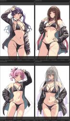 3: 4girls ahoge aoi_nadeshiko art_program_in_frame bikini braid breasts brown_hair butterfly_hair_ornament choker cleavage collarbone gakuen_idolmaster grey_hair groin hair_between_eyes hair_ornament hair_ribbon hand_on_own_head hand_on_own_hip highleg highleg_bikini highres hood hooded_jacket idolmaster jacket jewelry kaya_rinha large_breasts light_frown long_hair low_twintails medium_breasts multi-strapped_bikini_top multicolored_hair multiple_girls navel necklace o-ring o-ring_bikini o-ring_top open_clothes open_jacket parted_lips pink_eyes pink_hair purple_hair ribbon shirakusa_gekka shirakusa_shion sideboob streaked_hair sweat swimsuit twintails underboob urabi_(tomatohouse) very_long_hair watermark wavy_mouth