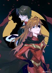 1boy 1girl aida_kensuke blue_eyes bodysuit breasts brown_hair cape cosplay evangelion:_3.0+1.0_thrice_upon_a_time eyepatch glasses gloves gun hair_ornament hairclip halloween hand_on_own_hip highres long_hair looking_at_viewer neon_genesis_evangelion night rebuild_of_evangelion shadow smug souryuu_asuka_langley weapon zumikyuu