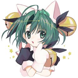 1girl animal_ears animal_hands antenna_hair bell blush cat_hat_ornament cropped_torso crossed_arms dejiko di_gi_charat fake_animal_ears gloves green_eyes green_hair hand_on_own_chin hat_bell highres looking_at_viewer neck_bell open_mouth parted_bangs paw_gloves pepeppepe101 short_sleeves smile solo star_(symbol)