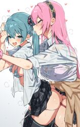 2girls aqua_eyes aqua_hair ass black_hairband black_skirt black_thighhighs blush bra bra_visible_through_clothes breasts futanari gradient_background grey_background hairband hatsune_miku highres large_breasts long_hair m_k medium_breasts megurine_luka motion_lines multiple_girls open_clothes open_mouth open_shirt pink_bra pink_hair plaid_clothes plaid_skirt sex sex_from_behind simple_background skirt striped_bra striped_clothes sweat thighhighs underwear vocaloid white_background