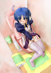 Rule 34 | 00s, 1girl, artist request, bathroom, black shirt, blue hair, blush, closed eyes, clothes lift, female focus, female masturbation, fingering, flat chest, ilfa (to heart), long sleeves, maid, masturbation, neck ribbon, puffy sleeves, purple skirt, purple thighhighs, pussy juice, ribbon, robot, robot ears, shirt, short hair, sitting, skirt, skirt lift, solo, thighhighs, to heart (series), to heart 2, toilet, toilet paper, trash can, trembling, yellow ribbon