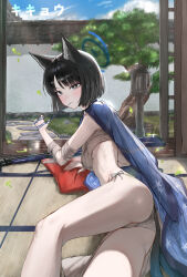 1girl animal_ears architecture b4mbo0 bandaged_arm bandages black_hair blue_archive blue_haori blush cat_ears cat_girl cat_tail chest_sarashi closed_mouth east_asian_architecture grey_panties haori highres japanese_clothes kikyou_(blue_archive) looking_at_viewer multiple_tails panties parted_bangs sarashi short_hair solo tail two_tails underwear