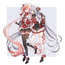 Rule 34 | 2girls, absurdly long hair, black bow, black footwear, black gloves, black shirt, black skirt, black thighhighs, bow, braid, bright pupils, capelet, chest bow, dress, foot up, frilled bow, frills, fu hua, fu hua (garuda), herrscher of sentience, full body, fur capelet, gloves, grey hair, hair between eyes, hat, hat bow, highres, honkai (series), honkai impact 3rd, long hair, mandarin collar, miniskirt, multicolored hair, multiple girls, open mouth, pankou, red bow, red eyes, red hair, red shirt, shirt, side braid, skirt, smile, streaked hair, takakura aki, thighhighs, two-tone hair, very long hair, white bow, white hair, white hat, white pupils, white skirt, white thighhighs