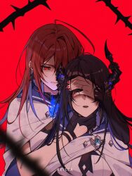2girls ahoge artist_name asymmetrical_horns badge black_hair blue_fire blue_hair blurry blurry_foreground cape coat colored_inner_hair commentary covering_another&#039;s_eyes demon_horns earrings elizabeth_rose_bloodflame elizabeth_rose_bloodflame_(1st_costume) enigmatic_recollection fingernails fire fire_on_chest flower glove_cutout gloves hair_ornament hand_on_another&#039;s_neck highres hololive hololive_english horn_flower horns jewelry keisea long_hair multicolored_hair multiple_girls nerissa_ravencroft nerissa_ravencroft_(1st_costume) red_background red_eyes red_hair red_nails ring simple_background single_glove single_sleeve tassel tassel_hair_ornament thorns uneven_horns upper_body virtual_youtuber white_cape
