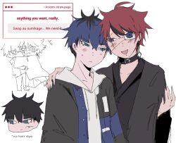 Rule 34 | 2boys, ahoge, arm around shoulder, black hair, blue eyes, blue hair, blush, bridge piercing, closed mouth, collar, cosplay, costume switch, english text, face piercing, frown, hair between eyes, hand up, highres, japanese clothes, lip piercing, male focus, messy hair, multicolored hair, multiple boys, omokage yugamu, open mouth, piercing, red hair, request inset, sumino takumi, the hundred line -last defense academy-, upper body, white background