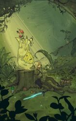 boots dappled_sunlight forest grass green_theme highres holding holding_leaf knee_boots korok leaf leaf_umbrella link long_sleeves master_sword mushroom nature nintendo plant resting scenery sitting so_o2 sunlight the_legend_of_zelda the_legend_of_zelda:_breath_of_the_wild tree tree_stump