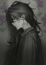 Rule 34 | 1boy, absurdres, bandaged neck, bandages, black hair, black shirt, closed mouth, highres, jiz (pffbq), long hair, looking down, male focus, messy hair, original, profile, red eyes, shirt, solo, upper body