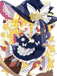 1girl adapted_costume apron black_capelet black_hat black_skirt blonde_hair boots bow braid broom broom_surfing brown_boots capelet chibi commentary_request full_body hat hat_bow highres kirisame_marisa lace-up_boots long_hair long_sleeves looking_at_viewer nikorashi-ka one_eye_closed open_mouth pom_pom_(clothes) shirt single_braid skirt smile solo star-shaped_pupils star_(symbol) symbol-shaped_pupils touhou turtleneck white_background white_bow white_shirt witch_hat yellow_eyes
