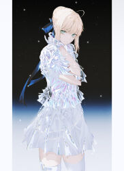 1girl ahoge artoria_pendragon_(fate) blonde_hair blue_hair border bow braid braided_bun chromatic_aberration closed_mouth fate/stay_night fate_(series) fov_ps gloves gradient_background green_eyes hair_between_eyes hair_bow hair_bun highres holding_own_arm jewelry light looking_at_viewer saber_(fate) shiny_clothes shiny_skin shirt short_sleeves sidelocks single_hair_bun skirt smile solo sparkle sparkle_background standing star_(symbol) white_border white_gloves white_shirt white_skirt