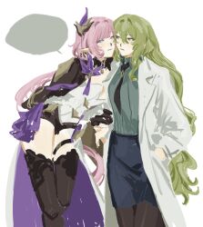 2girls black_gloves black_jacket black_necktie black_pantyhose black_shirt blank_speech_bubble blue_eyes boots coat commentary elysia_(honkai_impact) elysia_(miss_pink_elf)_(honkai_impact) gloves green_eyes green_hair hand_in_pocket hashtag-only_commentary highres honkai_(series) honkai_impact_3rd jacket lab_coat long_hair long_sleeves low_ponytail mmria0307 mobius_(honkai_impact) mobius_(pre-surgery)_(honkai_impact) multiple_girls necktie pantyhose pencil_skirt pink_hair pink_pupils pointy_ears ponytail shirt skirt speech_bubble thigh_boots thigh_strap very_long_hair white_coat